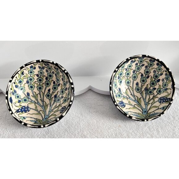 PAIR Nakkas Hand Painted Raised Turkish Small Ceramic Bowls Blue White Turkey - Picture 1 of 8